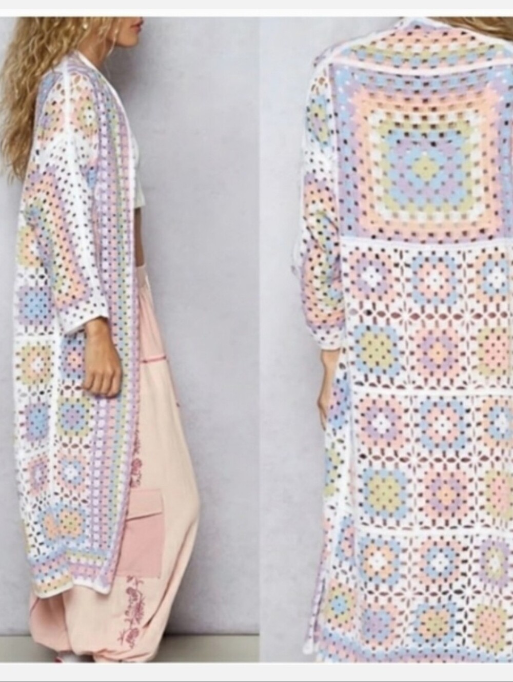 POL NWT Pastel Bohemian White Granny Square Crochet Open-Knit Cardigan Duster S - Picture 3 of 9